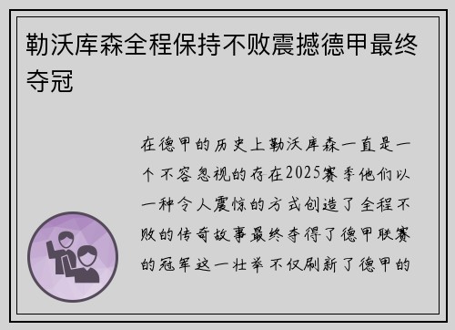 勒沃库森全程保持不败震撼德甲最终夺冠
